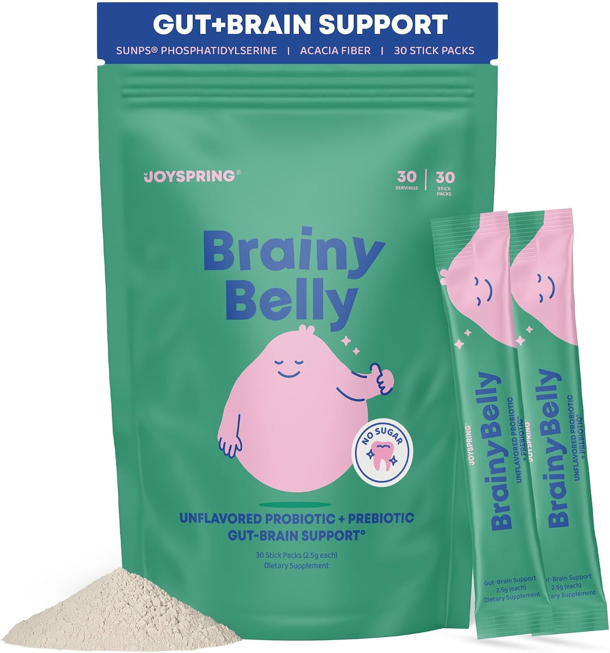 JoySpring BrainyBelly Kids Probiotic, Brain & Gut Support, Unflavored | SunPS phosphatidylserine + 2 probiotic strains. Sugar-free, dye-free, vegan powder stick. Stir into any drink. 30 ct, ages 4+