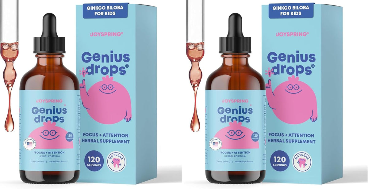 JoySpring Genius Drops for Kids | Clinically Proven Focus Supplement | Liquid Herbal Focus Supplement with Ginkgo Biloba for Kids (1 fl oz) 30 Servings