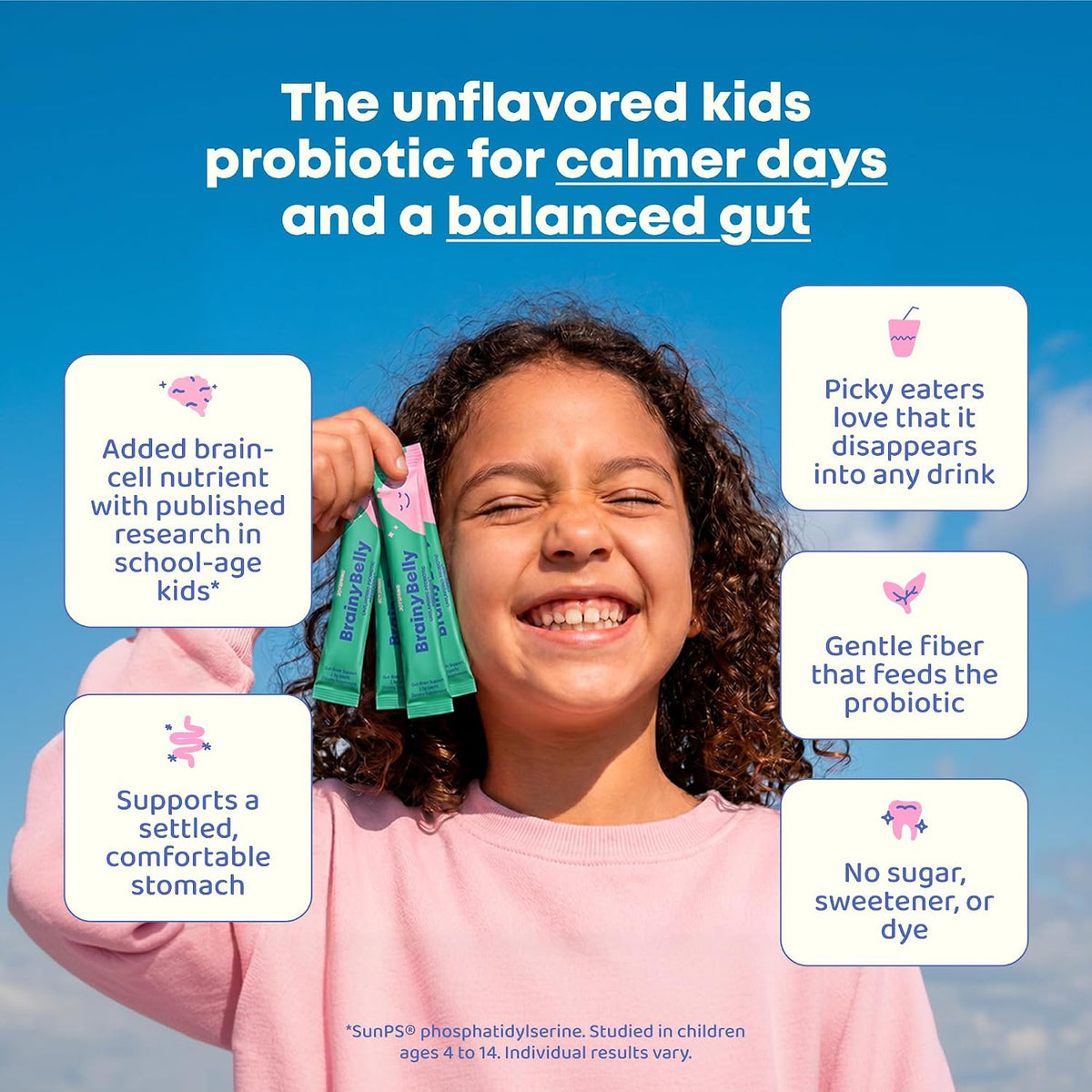 JoySpring BrainyBelly Kids Probiotic, Brain & Gut Support, Unflavored | SunPS phosphatidylserine + 2 probiotic strains. Sugar-free, dye-free, vegan powder stick. Stir into any drink. 30 ct, ages 4+